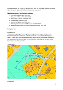Situasjonsplan som viser eiendomsgrenser, eiendomsnummer, plassering av flettverksgjerde og dobbel kjøreport i forhold til nabolag.