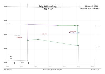 Kart over eiendom med koordinater, matrikkelnummer og nabolagsreferanser