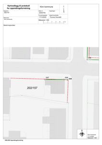 Situasjonsplan (kartvedlegg) som viser eiendommen 202/157 med grenser, naboeiendommer og oppmålingspunkter (G06-G09).