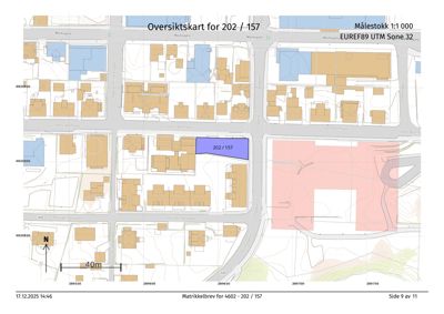 Oversiktskart (situasjonsplan) som viser eiendommen 202/157 i forhold til nabolaget, gater og andre eiendommer.