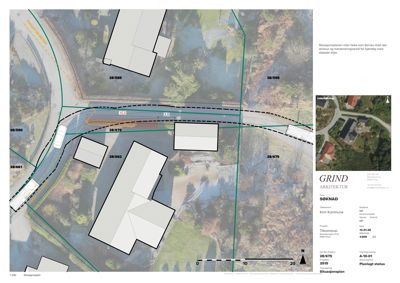 Situasjonsplan som viser eiendomsnummer, vei, naboeiendommer og bygningers plassering i forhold til hverandre.