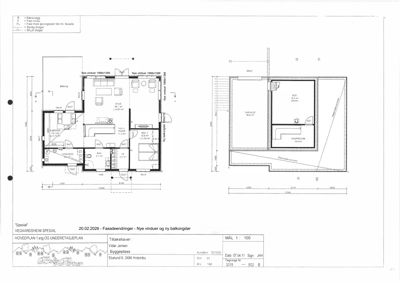 Hovedplan (etasjeplan) med romfordeling, dimensjoner og fasadeendringer