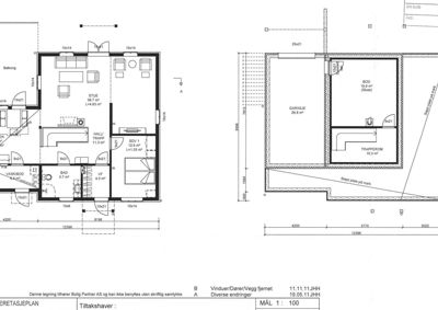 Etasjeplaner som viser romfordeling, mål og areal for en bolig (venstre) og en garasje/bod (høyre).