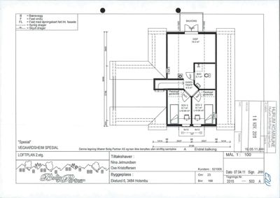 Etasjeplan (LOFTPLAN 2.etg.) som viser romfordeling, mål og konstruksjonsdetaljer for et hus.