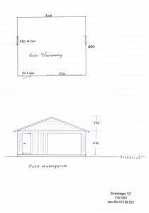 Håndtegnet fasadeoppvisning av en bygning (hus med muserperre) med mål og notasjoner.