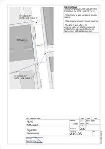 Situasjonsplan som viser bygningens plassering i forhold til nabolaget, gatestengsel og gangfelt.