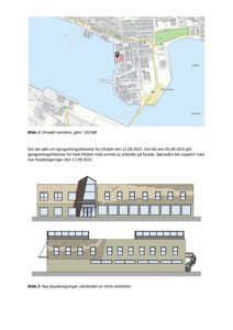 Bildet viser en situasjonsplan (Bilde 1) og to fasadetegninger (Bilde 2) for en bygning.