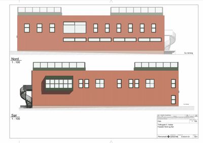 Fasadetegning som viser bygningens utseende sett fra nord og sør, inkludert vinduer, takkonstruksjon og trapper.