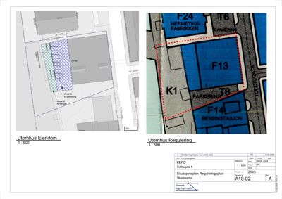 Bildet viser to situasjonsplaner (1:500) for eiendommen Tollbugata 5. Den venstre delen viser eiendomsplanen med bygninger og friarealer, mens den høyre delen viser reguleringsplanen med arealbruksinndeling (F13, F14, T6, T8) og parkeringsområder.