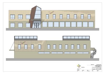 Fasadetegning som viser bygningens utsyn mot nord og øst. Tegningen illustrerer fasadens utforming, vindusoppsett og materialvalg.