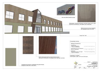 Fasadetegning med perspektivvisning av bygningens ytre utseende, inkludert materialvalg, fargevalg og detaljerte beskrivelser av fasadeelementer.