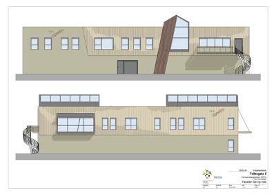 Fasadetegning som viser bygningens utseende sett fra sør og vest, inkludert vinduer, materialer og trapp.