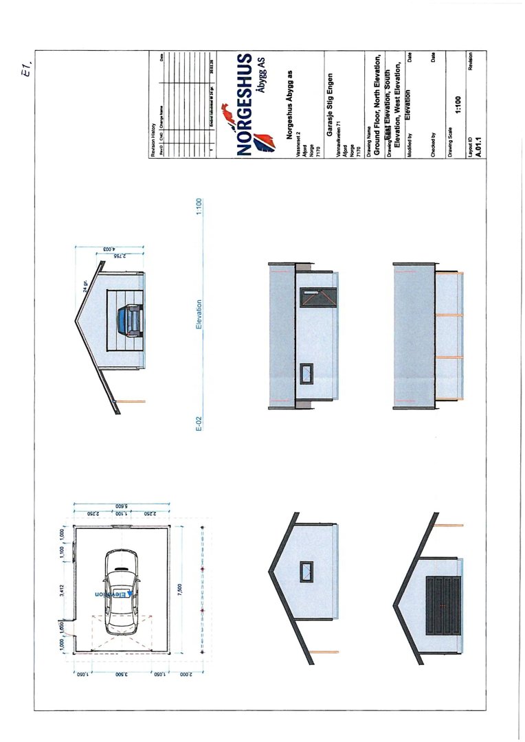 Fasadetegning (Elevation) som viser bygningens utseende fra fire ulike vinkler (Nord, Sør, Øst, Vest) med mål og detaljer.