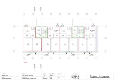Etasjeplan (Plan 2. etg) som viser romfordeling, arealer og plassering av trapper for flere boligenheter.