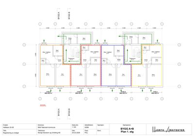 Etasjeplan (1. etg) som viser romfordeling, mål og areal for ulike boligtyper (A og B) i et flerboligbygg.