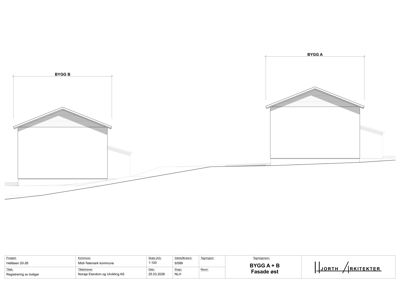 Fasadetegning som viser oppriss av to bygninger (BYGG A og BYGG B) sett fra øst.