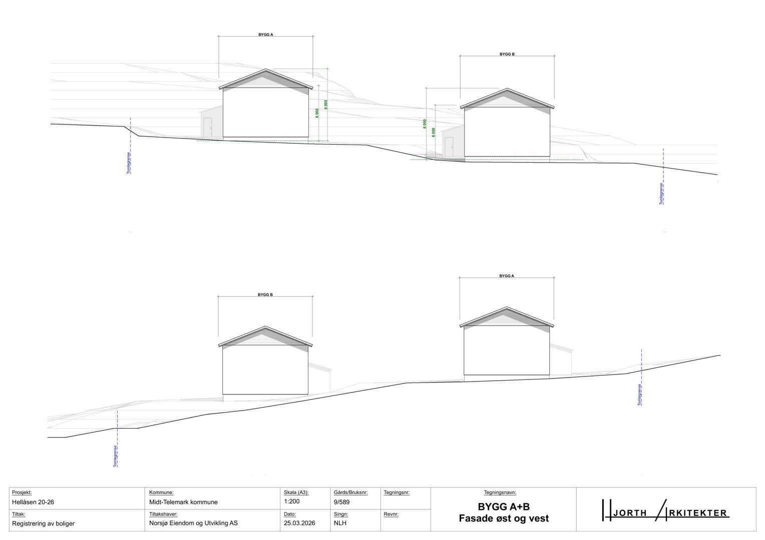 Fasadetegning som viser bygningene sett fra øst og vest med oppriss av takform, høyder og terrengforhold.
