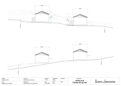 Fasadetegning som viser bygningene sett fra øst og vest med oppriss av takform, høyder og terrengforhold.