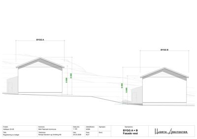 Fasadetegning (oppriss) av to bygninger (BYGG A og BYGG B) sett fra vest, med mål og terrengforhold.