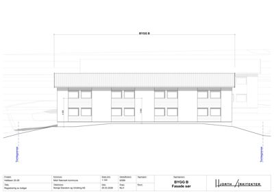 Fasadetegning (opprikk) av 'BYGG B' sett fra sør, med angitte mål og tomtegrenser.
