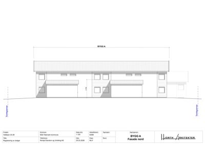 Fasadetegning (opprikk) av en bygning sett fra nord, med visuell fremstilling av fasadefasonger, vinduer og garasjeporter.