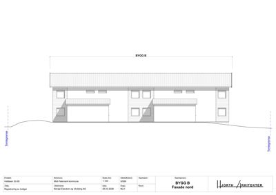 Fasadetegning (opprikk) av en bygning sett fra nord.