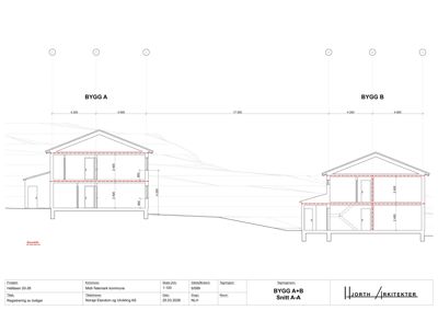 Snittegning (Snitt A-A) som viser tverrsnittet av to bygninger (BYGG A og BYGG B) med mål og konstruksjonsdetaljer.