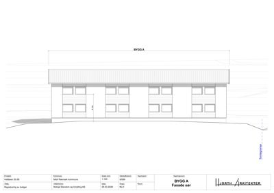 Fasadetegning (opprikk) av bygningen sett fra sør.