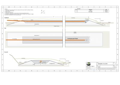Tegning som viser detaljerte snitt og planer for en asfaltering av vei, med spesifikke mål og materialbeskrivelser.