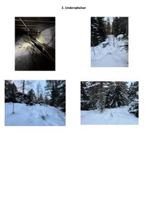 Fotografier fra en undersøkelse av eiendom, inkludert bilder under huset og omgivelser i snø.