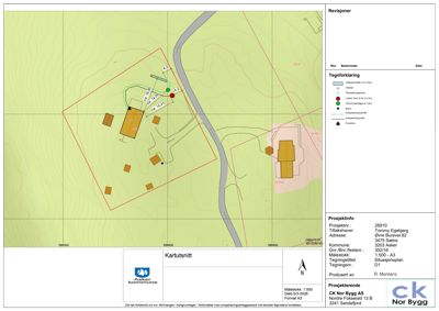 Situasjonsplan som viser tomtens beliggenhet, bygningers plassering i forhold til hverandre og omgivelsene (veier, høydeforhold).