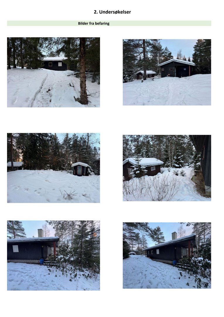 En samling bilder (fotografier) fra befaring av en hytte eller bolig i snø, inkludert utsnitt av fasade og omgivelser.