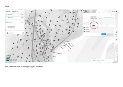 Kart fra Kartverket som viser topografi, vegnett og eiendomsinndeling for Bastøveien 20. Rød sirkel markerer en spesifikk punkt på terrenget.