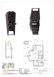 Bildet viser en 3D-visualisering (rendering) av et hus sett fra tre ulike vinkler, kombinert med en teknisk etasjeplan og fasadetegning. Det er også inkludert tekniske data om areal.