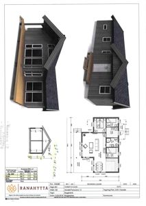 Etasjeplan (1. etg. plan) for en hytte med romfordeling, dimensjoner og arealoppdelinger.