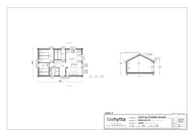 Bildet viser en plantegning (etasjeplan) for en hytte med romfordeling, mål og et oppriss av takkonstruksjonen.