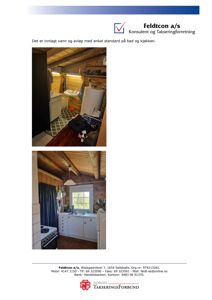 Fotografier av et bad og et kjøkken i en hytte eller lignende, med tekst om vann- og avløpsanlegg.