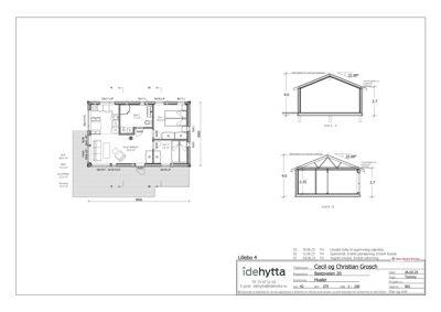 Bildet viser en etasjeplan (plantegning) med romfordeling, samt to fasadeopprikk (Snitt A-A og B-B) for en hytte.