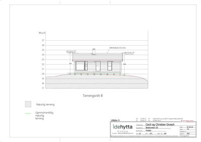 Tegning som viser et tverrsnitt gjennom bygningen (Terrengsnitt B), med høydemålinger og terrengforhold.