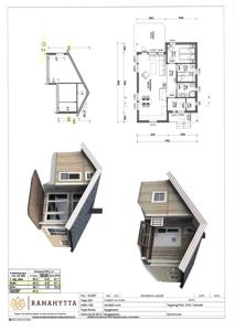 Bildet viser en tegning med 3D-visualiseringer (renderinger) av hytten sett fra ulike vinkler, samt et teknisk oppsett med mål og romfordeling.