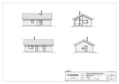 Fasadetegning som viser fire ulike vinkler (front, side, og to perspektiver) på en hytte.