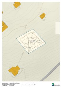 Situasjonsplan som viser tomtens form, grenser (blå linje), høydemål (konturlinjer) og plassering i forhold til nabolag.