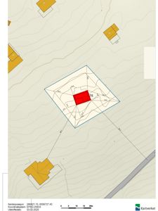 Situasjonsplan som viser etasje 75 (rødt) i forhold til nabolaget, terrengforhold og eiendomsgrenser.