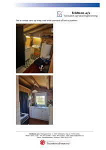 Fotografier av et bad og kjøkken i en bygning, inkludert tekst om vann- og avløp.