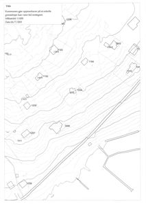 Situasjonsplan som viser topografi (konturlinjer), eiendomsgrenser med arealnummer og bygningsplasseringer.