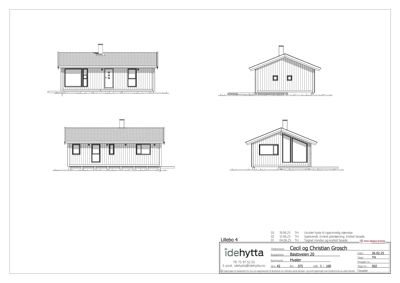 Fasadetegning som viser front- og sideopprikk av en hytte med vinduer, dører og takform.