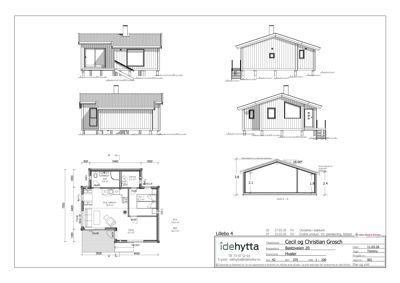 Bildet viser en fasadetegning med oppriss av hytten sett fra ulike vinkler (front, side og snitt), samt et grunnplan.