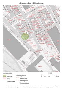 Situasjonskart som viser eiendomsgranser, eiendomsflater og eiendomstekster for Allégaten 44.