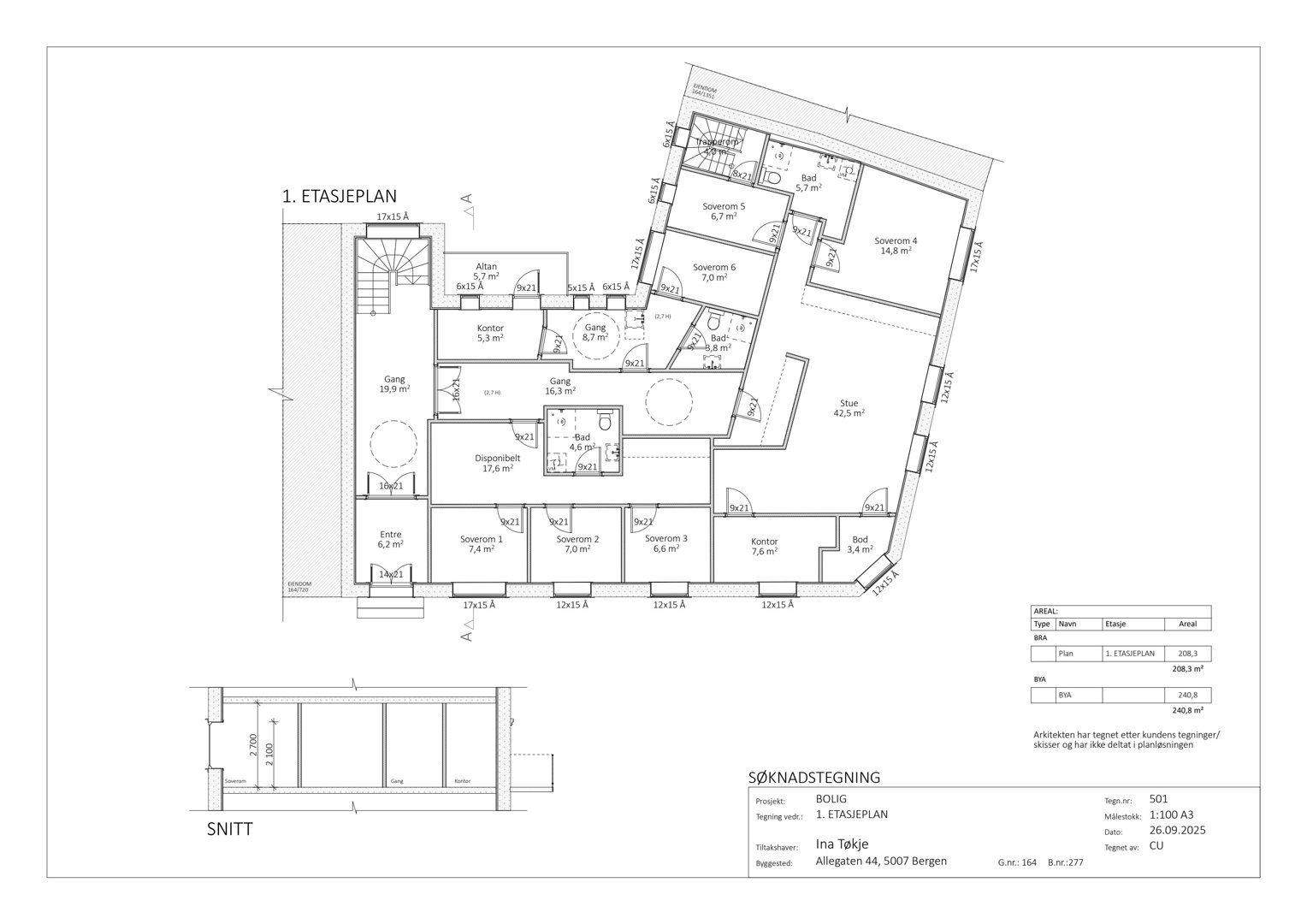 Etasjeplan (1. etasje) med romfordeling, dimensjoner og et snitt under.