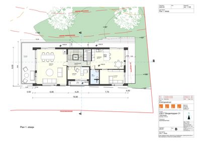 Etasjeplan (Plan 1. etasje) som viser romfordeling, mål og grenser for en bolig.
